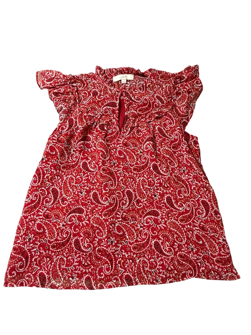 LOFT Red Paisley Flutter Sleeve Keyhole Ruffle Top Blouse Women's Size Medium M